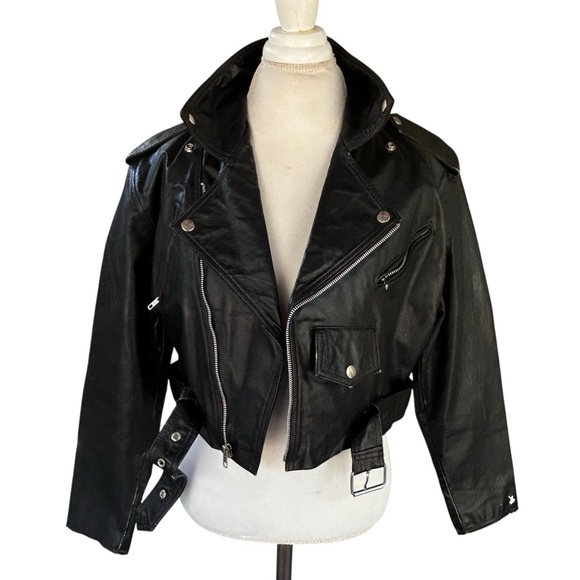 Wilsons Leather Jackets & Blazers - Vtg Wilsons Leather Black Moto Cropped Belted Jacket Biker